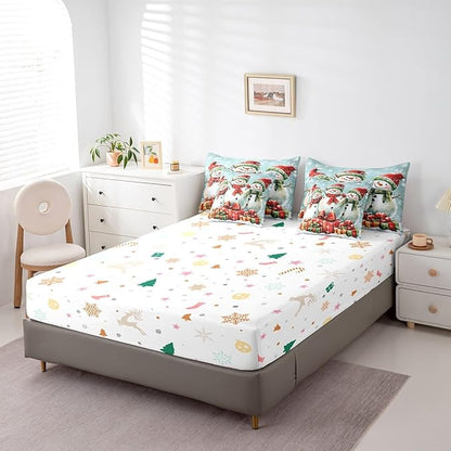 Happy New Year Comforter Set Bed in a Bag 7 Pieces King,3D Snowman Gifts Watercolor Bowknot Bedding Set,Winter Geometric Snowflakes (Comforter+Fitted+Flat Sheet+2 Pillowcases+2 Throw Pillow Covers)