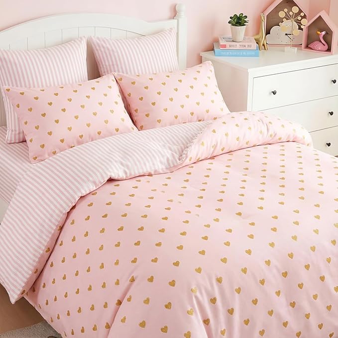 Pink Comforter Set Queen Gold Heart Bedding Set for Girls Kids, Reversible Pink White Wide Striped Design, Cute Coquette Comforter 3 Pieces, with 2 Pillowcases, Soft 100% Microfiber