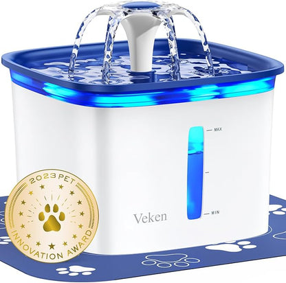 Veken Innovation Award Winner 95oz/2.8L Cat Water Fountain | Automatic Pet Fountain Dog Water Dispenser with Replacement Filters & Silicone Mat for Cats, Dogs, Multiple Pets (Blue)