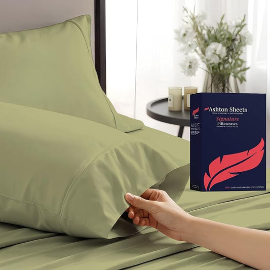 Ashton Sheets 100% Egyptian Cotton Queen Pillow Cases Set of 2 - Luxury 1200 Thread Count Pillow Cases Queen Size (Sage Green), Soft, Cooling Hotel Collection Pillowcases, Fits Queen Standard Pillow