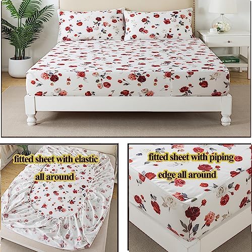 FADFAY Rose Sheets Set Twin Vintage White Floral Bedding Chic Red Rose Bed Sheets Shabby Farmhouse Bedding 100% Percale Egyptian Cotton 800 Thread Count Deep Pocket Fitted Sheet 4Pcs, Twin Size