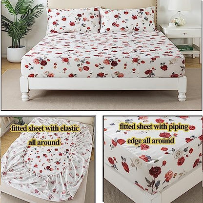 FADFAY Rose Sheets Set Cal King Vintage White Floral Bedding Red Rose Bed Sheets Shabby Farmhouse Bedding 100% Egyptian Cotton 800 Thread Count Deep Pocket Fitted Sheet 4Pc, California King Size