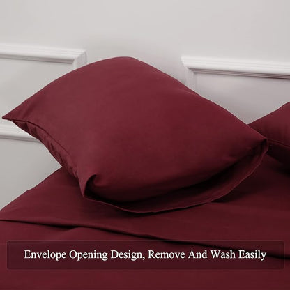 4 Piece Bed Sheet Set (Queen,Burgundy) 1 Flat Sheet,1 Fitted Sheet and 2 Pillow Cases,Brushed Microfiber Luxury Bedding with Deep Pockets