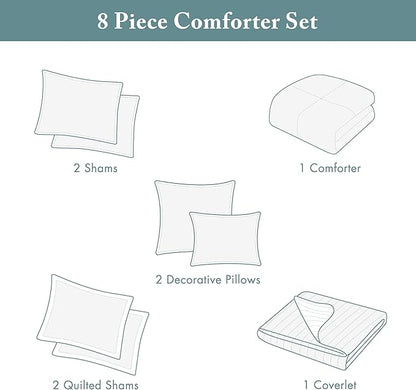 Madison Park Marina Comforter Quilt Combo Set - Modern Luxury Design, All Season Down Alternative Bedding, Matching Shams, Decorative Pillows, Full/Queen(90"x90"), Aqua 8 Piece