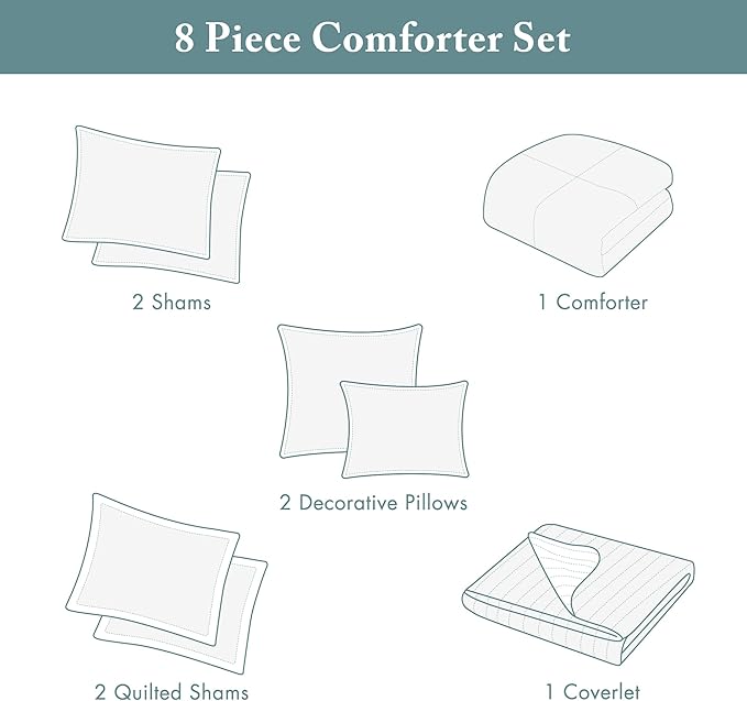 Madison Park Marina Comforter Quilt Combo Set - Modern Luxury Design, All Season Down Alternative Bedding, Matching Shams, Decorative Pillows, King/Cal King(104"x92"), Aqua 8 Piece