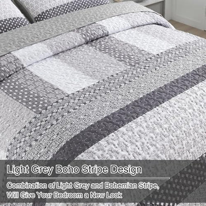 WONGS BEDDING Grey Full Size Quilt Set, Bohemian Striped Bedspreads
