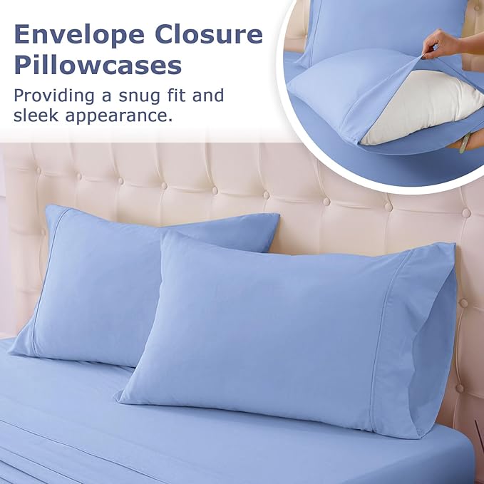Queen Size Bed Sheet Set - 4 Piece Soft Microfiber Sheets with Deep Pockets, Cooling Technology, and Wrinkle-Free Pillowcase. Hotel-Quality, Durable Bedding, Chambray Blue