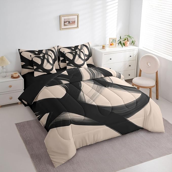Erosebridal Abstract Modern Black Beige 7 Piece Comforter Set Twin Bed in A Bag Neutral Minimalist Lines Bedding Set for Boys Men Geometric Sheet Set Contemporary Art Simple Quilt Room Decor