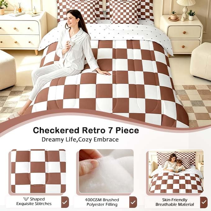 Feelyou Checkered 7 Piece Bedding Set Teen Coffee Brown White Plaid Comforter Set with Sheets Full Size Kids Boys Cute Retro Neutral Checkerboard Geometric Bed in a Bag Vintage Aesthetic Room Decor