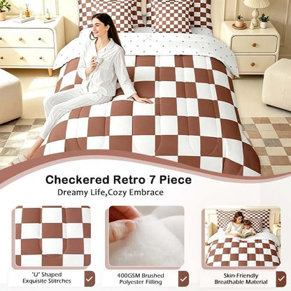 Feelyou Checkered 7 Piece Bedding Set Teen Coffee Brown White Plaid Comforter Set with Sheets Full Size Kids Boys Cute Retro Neutral Checkerboard Geometric Bed in a Bag Vintage Aesthetic Room Decor
