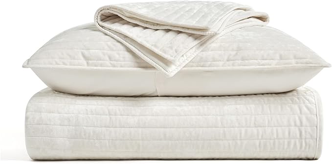 EVERGRACE Velvet Quilt Set California King 118'' x 106'', Luxurious Soft Striped Channel Bedding Set, Lightweight Velvet Comforter for All Season, Oversized Bedspread Coverlet w/ 2 Shams, Ivory White
