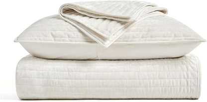 EVERGRACE Velvet Quilt Set California King 118'' x 106'', Luxurious Soft Striped Channel Bedding Set, Lightweight Velvet Comforter for All Season, Oversized Bedspread Coverlet w/ 2 Shams, Ivory White