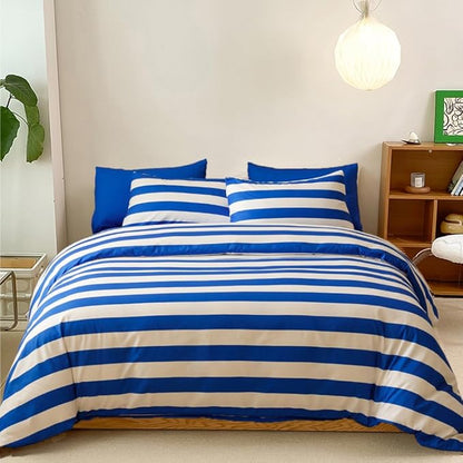 CLOTHKNOW Striped Full Size Comforter Set 3Pcs Blue White Bedding Comforter Sets Farmhouse Bedding Soft Comforter with 2 x Pillow Cases