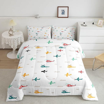 Kids Aircraft Twin Size Down Comforter Set,Watercolor Transportation Vehicles Duvet/Quilt Set Soft Bed Collection,Boys Airplanes Colorful Helicopter Bedding Comforter for Boys Girls Bedroom,2 Pcs