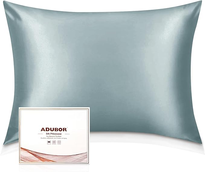 Adubor 100% Silk Pillowcase - Mulberry Silk Pillow Cases, 22 Momme 6A Grade Fibers, Silk Pillow Case for Hair and Skin Health, with Hidden Zipper (King 20''×36'', Lake Blue, 1PC)