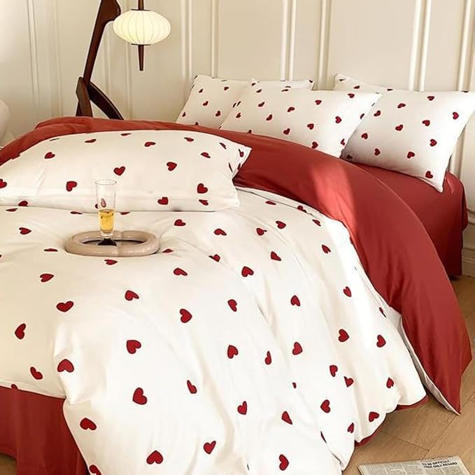 White Twin Comforter Set - Red Heart Quilt Bedding Set 2 Pieces, Comforter Set Twin Size, Soft & Lightweight Comforter(68‘’ x 90‘’) for Girl All Season & 1 Pillowcase(30‘’x20‘’)