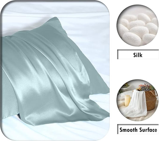 Suatien Mulberry Silk Pillowcase for Hair and Skin Silk Pillow Cases with Hidden Zipper Soft Smooth Cooling Silk Satin Pillow Cases for Sleeping Haze Blue-2 Pack Standard（20"X 26"）
