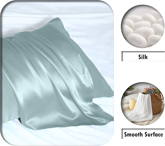 Silk Pillow Cases 2 Pack Soft Breathable and Sliky King Size Pillow Cases Set of 2,Natural Mulberry Silk Pillowcase Set of 2 for Hair and Skin with Hidden Zipper (Blue Haze,20"X 36",2pcs)
