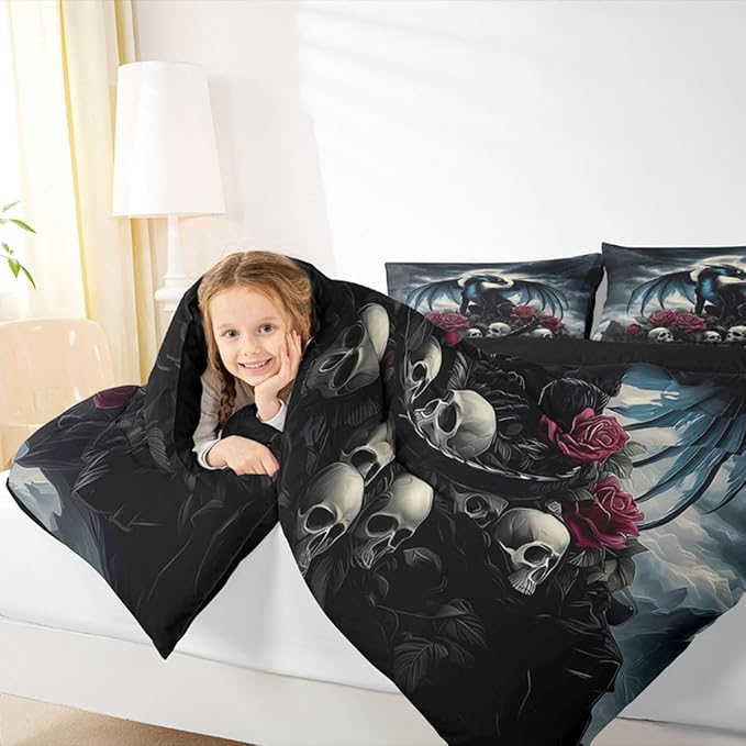 Feelyou Dragon Bedding Set Soft for Boys Girls,Dragon Stuff Comforter Set Queen Size Wild Life Duvet Quilt Microfiber Magic Wildlife Bedroom Decor Blackish 3 Pcs with 2 Pillow Cases
