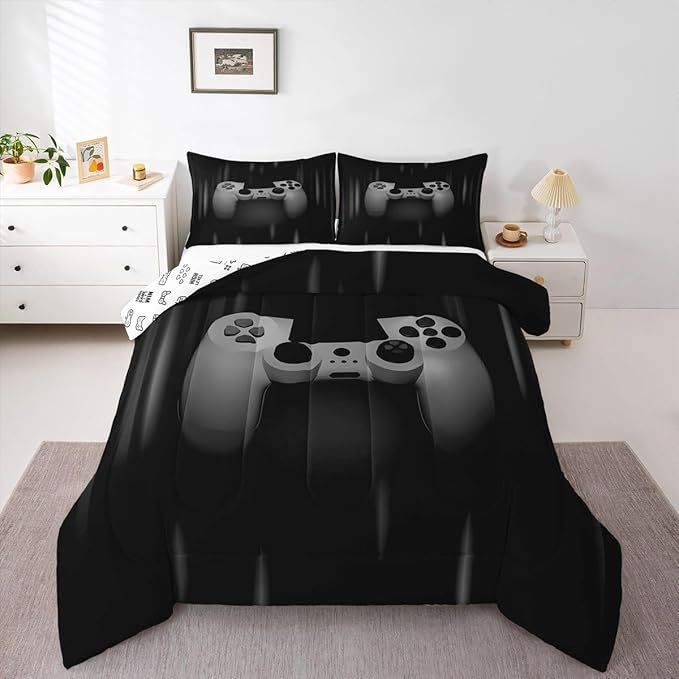 Feelyou Boys Gamer Comforter Set King Size Bedding Set for Kids Gaming Comforter Gray Black Video Games Gamepad Room Decor for Teens Child Super Soft Geometric Duvet Quilted Son Grandson Gift