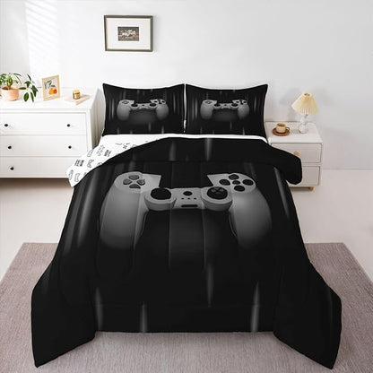 Feelyou Boys Gamer Comforter Set King Size Bedding Set for Kids Gaming Comforter Gray Black Video Games Gamepad Room Decor for Teens Child Super Soft Geometric Duvet Quilted Son Grandson Gift