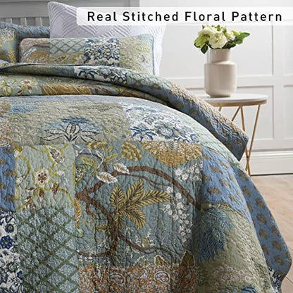Yvooxny Quilt Set King Bedspread Reversible Green Farmhouse Garden Coverlet Real Patchwork Quilt Set for All Seasons with Pillowcases, Farmhouse Floral Pattern, King Size