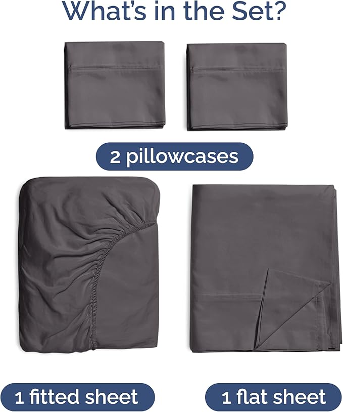 100% Rayon Derived From Bamboo - Bamboo Sheets Queen Size - Cooling Sheets for Queen - Soft, Breathable & Hotel Luxury Bedding - 1 Flat & 1 Fitted & 2 Pillowcases w/ 16 Inch Deep Pockets - Dark Grey