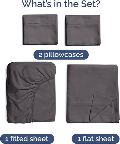 100% Rayon Derived From Bamboo - Bamboo Sheets Queen Size - Cooling Sheets for Queen - Soft, Breathable & Hotel Luxury Bedding - 1 Flat & 1 Fitted & 2 Pillowcases w/ 16 Inch Deep Pockets - Dark Grey