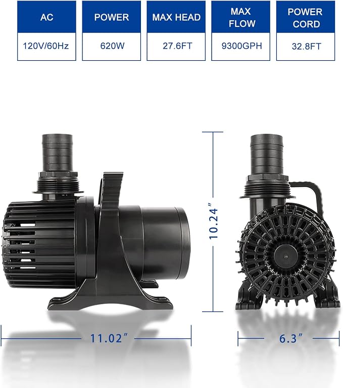 9300 GPH 620W Submersible Pond Waterfall Pump | 32.8FT Power Cord, Quiet Powerful Pump for Koi & Outdoor Water Features, with Barrier Bag