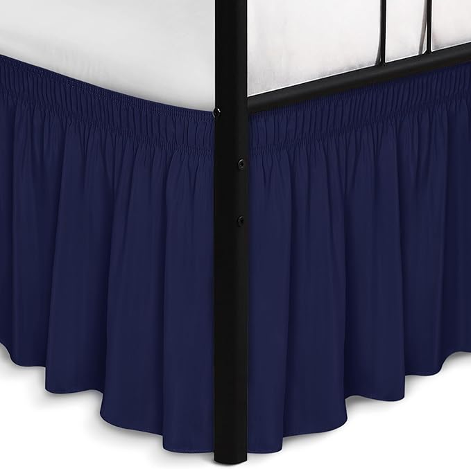 Biscaynebay Wrap Around Bed Skirts with Split Corners for King Beds 18" Drop, Navy Adjustable Elastic Dust Ruffles Easy Fit Wrinkle Resistant Silky Luxurious Fabric Machine Washable