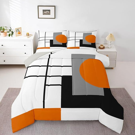 Erosebridal White Black Orange Striped King Bedding Set Boho Modern Geometric Abstract Comforter Set for Adult Women Men Stripes Lines Bed Collections Minimalist Square and Circle Quilt Sets