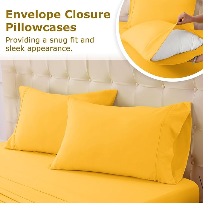 Full Size Bed Sheet Set - 4 Piece Soft Microfiber Sheets with Deep Pockets, Cooling Technology, and Wrinkle-Free Pillowcase. Hotel-Quality, Durable Bedding, Spectra Yellow