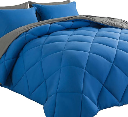 Cosybay Bed in a Bag Full Comforter Sets 7pcs All Season Solid Down Alternative Bedding Sets Blue and Grey with Comforter, Pillow Shams, Flat Sheet, Fitted Sheet and Pillowcases