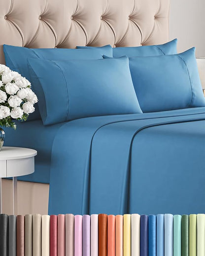 King 6 Piece Sheet Set - Comfy Breathable & Cooling - Ultra-Soft Hotel Luxury Bedding Set with 8-16 Inch Deep Pockets - 1 Flat & 1 Fitted Sheet & 4 Pillowcases - Wrinkle Free & Easy Care - Denim Blue