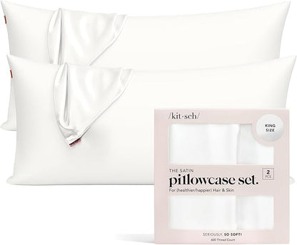 Kitsch Satin Pillowcase with Zipper for Hair & Skin - Softer Than Silk Pillow Cases, Smooth Cooling Satin Pillow Case, Wrinkle-Free, Machine Washable - King Size Satin Pillow Case (19x36), Ivory 2pcs