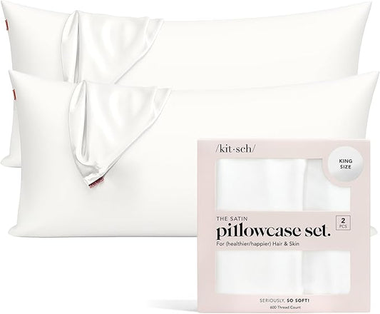 Kitsch Satin Pillowcase with Zipper for Hair & Skin - Softer Than Silk Pillow Cases, Smooth Cooling Satin Pillow Case, Wrinkle-Free, Machine Washable - King Size Satin Pillow Case (19x36), Ivory 2pcs