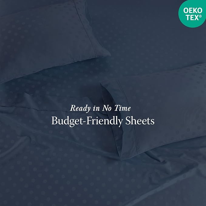 Threadmill 100% Cotton Sheets for King Size Bed | 4 Pc King Bed Sheets Set | Soft, Breathable Lightweight Damask Sateen for All-Season Use | Snug Fit Elastic Deep Pocket King Sheets | Folkstone Blue