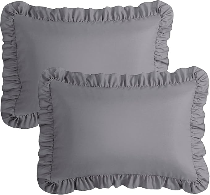 KKJIAF Ruffle Pillow Cases Queen Size Set of 2, Ruffled Pillow Covers with Envelope Closure, Wrinkle Resistant Ruffled Pillow Shams 20" x 30", Grey