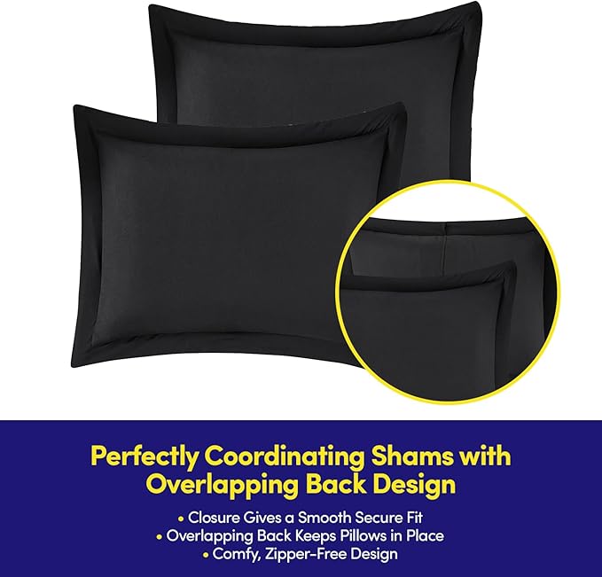 Queen Comforter Set Quilted Stripe Bedding Bundle – Comforter, Mattress Protector, Sheets with Pockets on the Side & Built-in Corner Strap – Fitted Sheet Media Pocket for Devices, Black