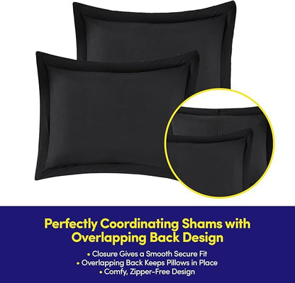 Full Size Comforter Set Quilted Stripe Bedding Bundle – Comforter, Mattress Protector, Sheets with Pockets on the Side & Built-in Corner Strap – Fitted Sheet Media Pocket for Devices, Black/Charcoal