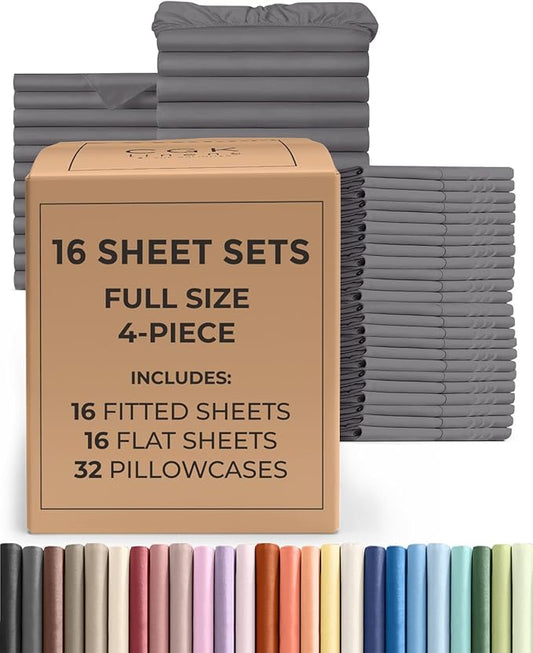 Bulk Case Pack of 16 Sheet Sets - (16) Complete Full Size Sheet Sets w/ Deep Pockets - Wholesale Bulk Bedding for Hotels, Spas & Airbnbs - Breathable, Cooling, Soft & Wrinkle Free - (Full, Dark Grey)
