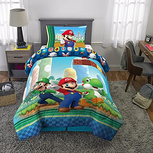 Super Mario Kids Twin Size Bedding, 4 Piece Super Soft Cozy Reversible Comforter and Sheet Set, (Officially Licensed Product) By Franco