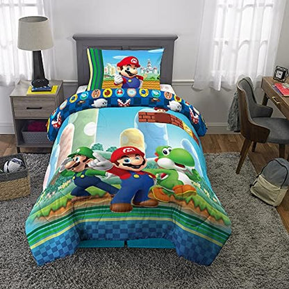 Super Mario Kids Twin Size Bedding, 4 Piece Super Soft Cozy Reversible Comforter and Sheet Set, (Officially Licensed Product) By Franco