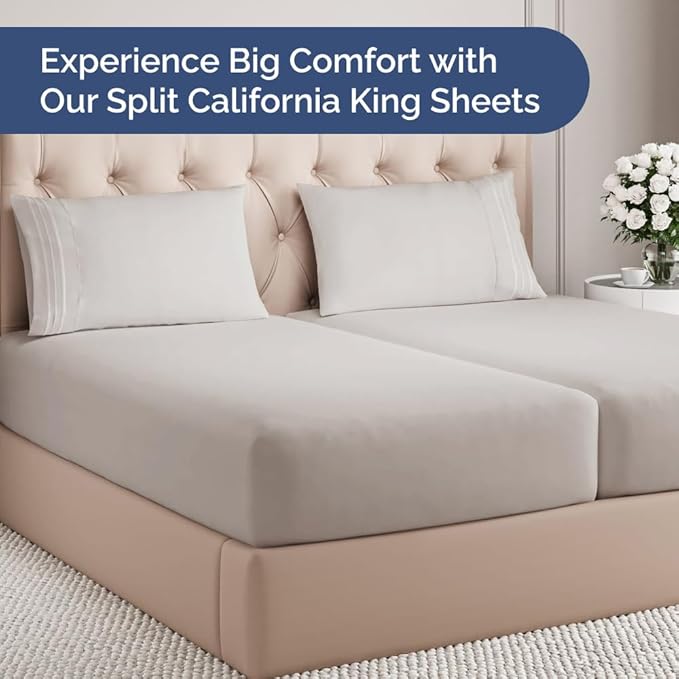 Split California King Bed Sheet Set - 5 Piece Split Cal King Size Sheets - Ultra-Soft, Breathable & Cooling - Comfy, Wrinkle & Fade Resistant - Fits 8" to 16" Mattress with Deep Pockets - Light Grey