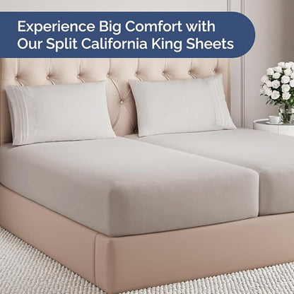 Split California King Bed Sheet Set - 5 Piece Split Cal King Size Sheets - Ultra-Soft, Breathable & Cooling - Comfy, Wrinkle & Fade Resistant - Fits 8" to 16" Mattress with Deep Pockets - Light Grey