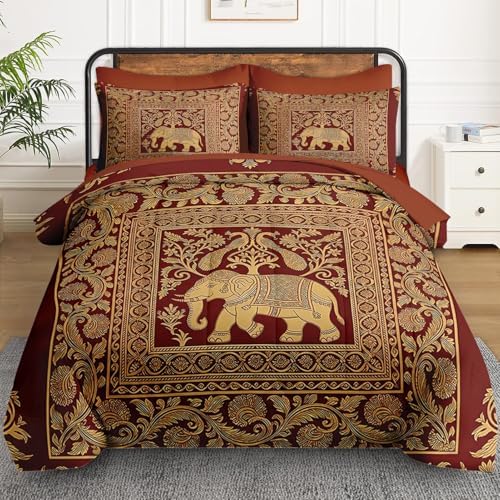 WeCozy Queen Comforter Set with Sheets, 7 Pieces Elephant Peacock Bedding