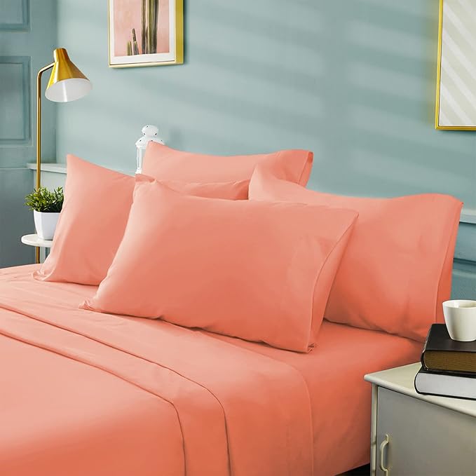 BYSURE 6 Pieces Bed Sheets Set(King, Coral) - Super Soft 1800 Thread Count 100% Microfiber Sheets with Deep Pockets, Wrinkle & Fade Resistant