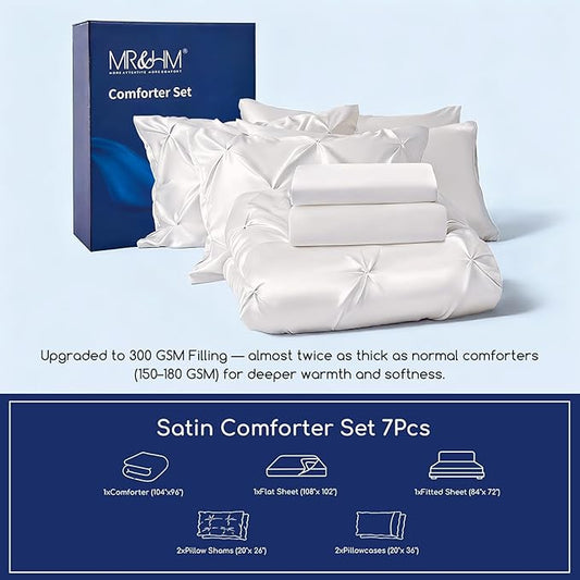 MR&HM Satin Comforter California King 7 Pieces Ivory - Luxurious Pinch Pleat Bedding Set with Comforter, Flat Sheet, Fitted Sheet, Pillowcases & Shams, Super Silky Soft Bed Set for All Season