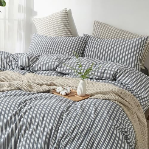 Striped Duvet Cover Set 100% Washed Cotton Linen Feel Full