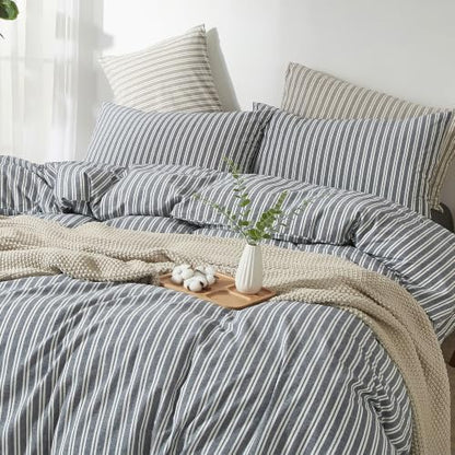 Striped Duvet Cover Set 100% Washed Cotton Linen Feel Full